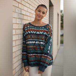 Peruvian Connection Geometric Aztec Print Pima Cotton Sweater Size XL Comfy Cozy